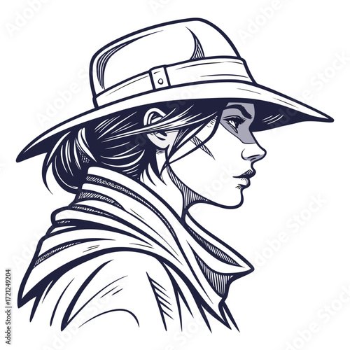 Vintage Explorer Woman Illustration - Black and White.

