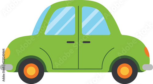 Charming green cartoon car with bright orange wheels and blue windows simple design for children's content and educational materials isolated on transparent background
