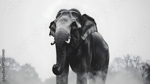 Photograph of a large elephant in a misty jungle setting, showing its massive size and wrinkled skin.
