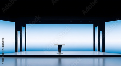 A clean modern stage with a wide LED screen background