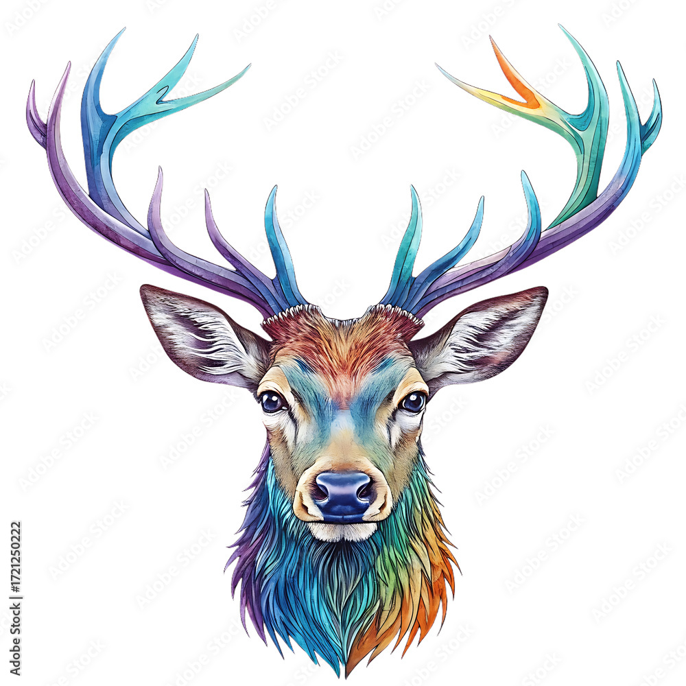Fototapeta premium Majestic stag with colorful antlers and fur on black