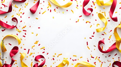 Digital illustration of red and yellow confetti scattered on a white background, with ribbons curved in the frame.