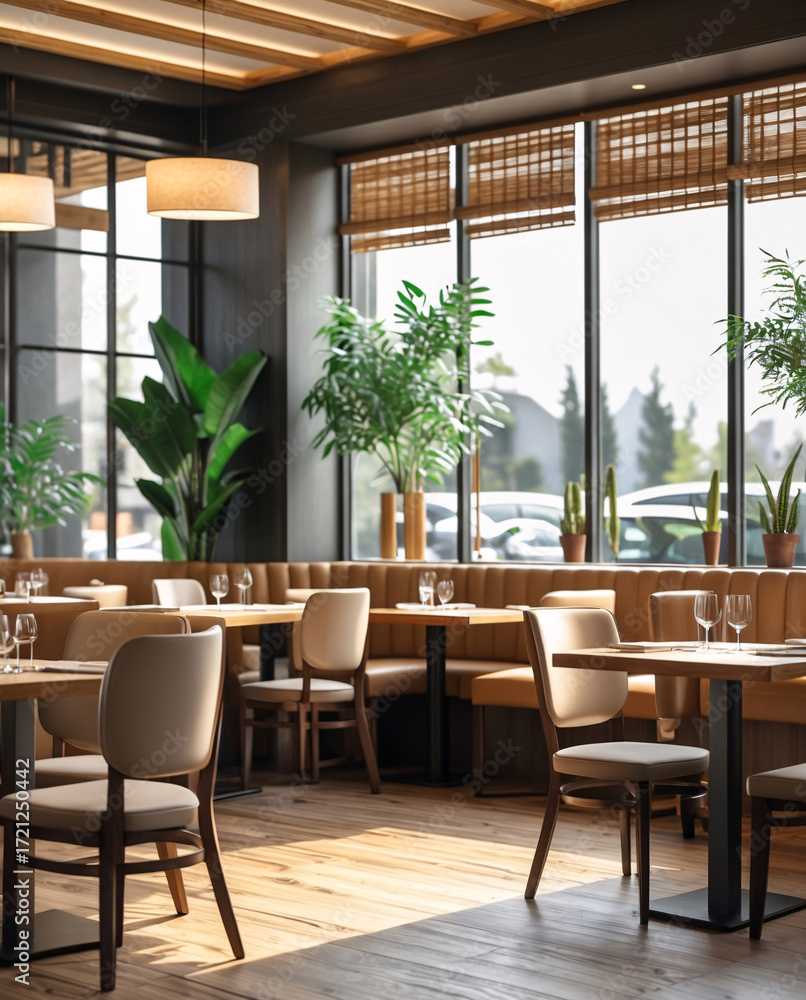 Fototapeta premium tropical plants and wooden furniture decor modern cafe restaurant interior with bright natural window atmosphere interior design wallpaper background