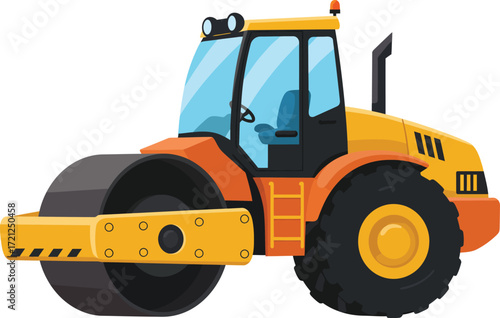 Orange roller compactor vehicle construction machinery heavy equipment for roadwork and asphalt compaction isolated on transparent background