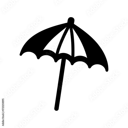 Graphic of an umbrella for sun protection, black on white background