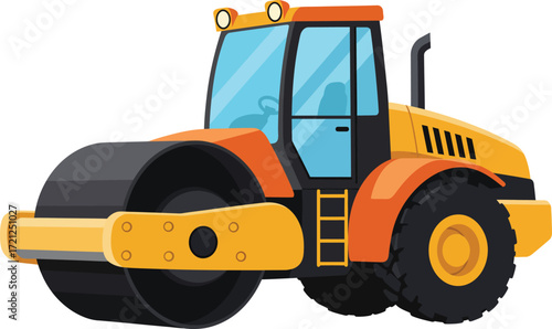 Bright yellow construction road roller machine for compacting surfaces and building infrastructure projects isolated on transparent background