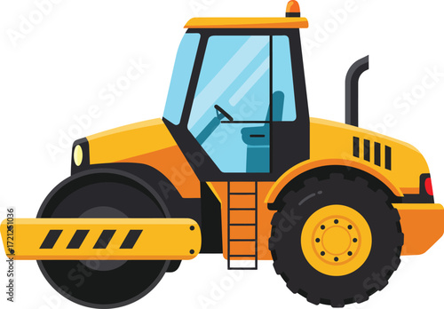 Bright yellow road roller machine illustration for construction and heavy machinery projects isolated on transparent background