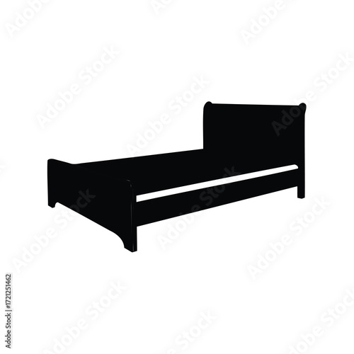 Black silhouette of a wooden sleigh bed against a white background