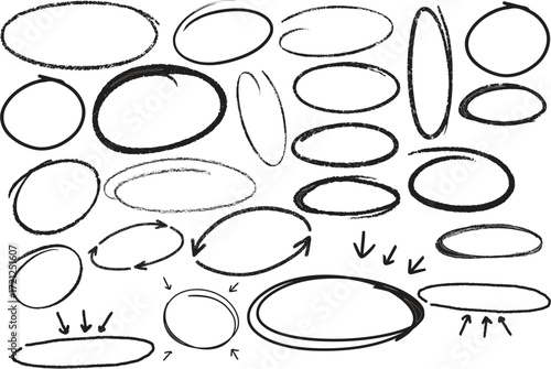 Red crayon arrow doodles collection - hand sketched curved lines, round swirls, pointers. Artistic scribbles, design elements set. Grunge style chaotic strokes drawings, marker pencil chalk vector.