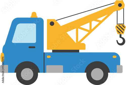 Bright blue tow truck with yellow crane ready for heavy duty transport and rescue services isolated on transparent background