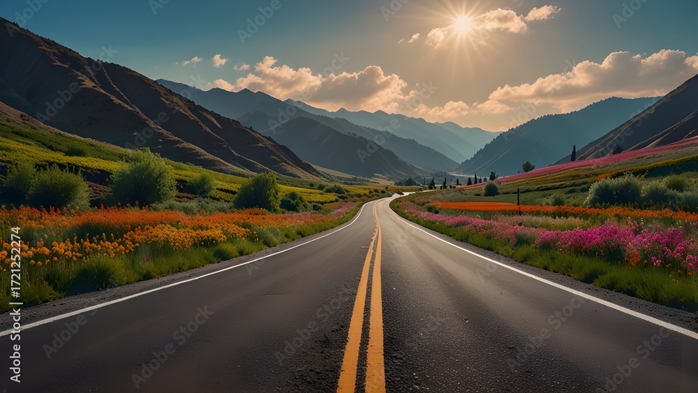 Naklejka premium Straight Road with Beautiful Nature Landscape View