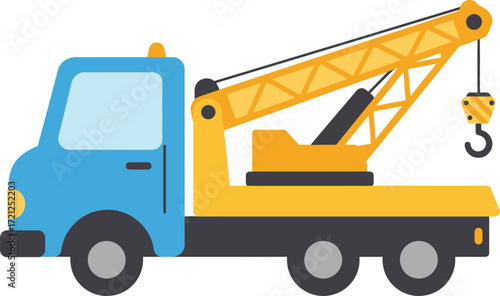 Brightly colored tow truck with extended crane ready for vehicle recovery and transportation services isolated on transparent background