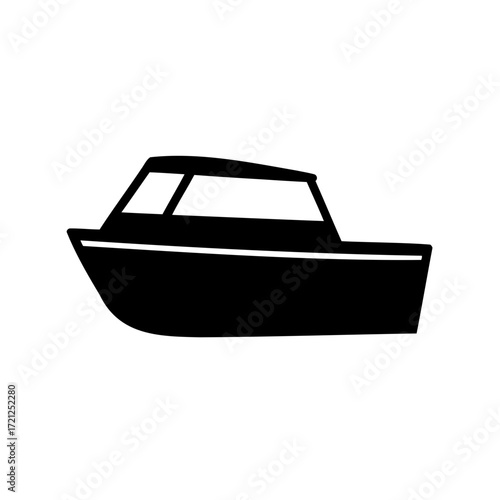 Stylized black silhouette of a cabin cruiser boat against a white background