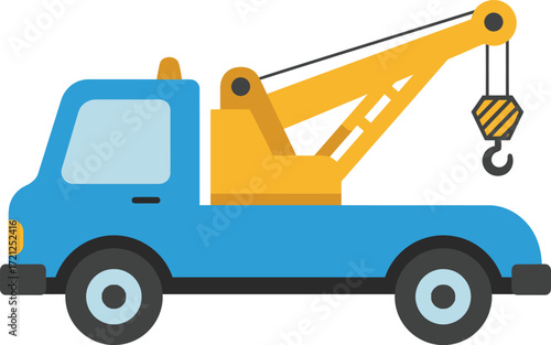 Bright blue tow truck with yellow crane ready for heavy duty towing and roadside assistance services providing vehicle recovery isolated on transparent background