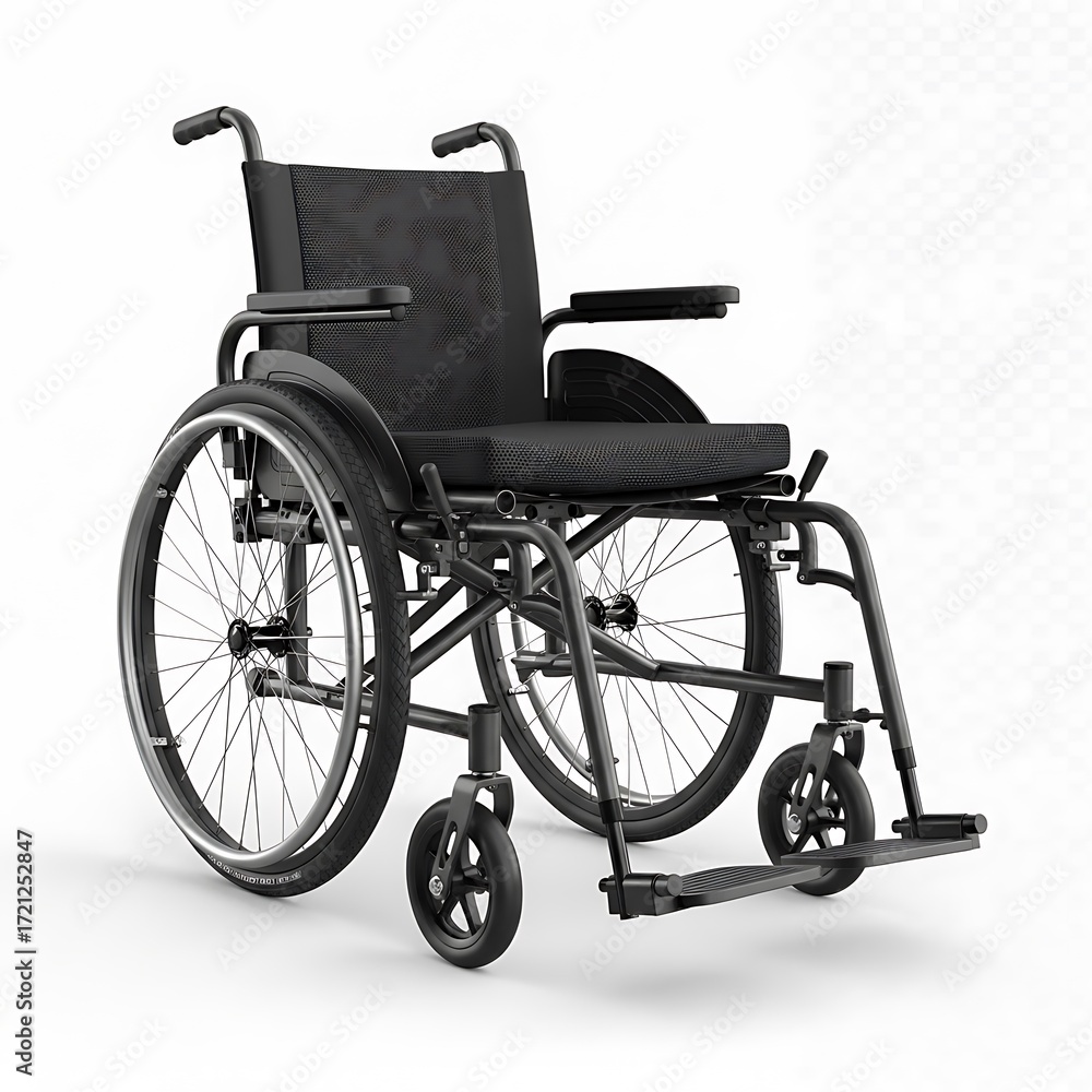 Fototapeta premium Modern, dark gray wheelchair with comfortable seat, presented in a clean, setting.