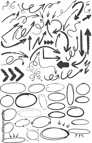 Red crayon arrow doodles collection - hand sketched curved lines, round swirls, pointers. Artistic scribbles, design elements set. Grunge style chaotic strokes drawings, marker pencil chalk vector.