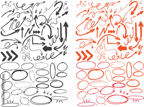 Red crayon arrow doodles collection - hand sketched curved lines, round swirls, pointers. Artistic scribbles, design elements set. Grunge style chaotic strokes drawings, marker pencil chalk vector.