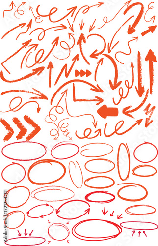 Red crayon arrow doodles collection - hand sketched curved lines, round swirls, pointers. Artistic scribbles, design elements set. Grunge style chaotic strokes drawings, marker pencil chalk vector.