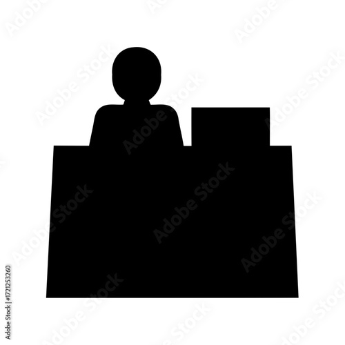Silhouette illustration of a person standing at a reception desk, viewed from front