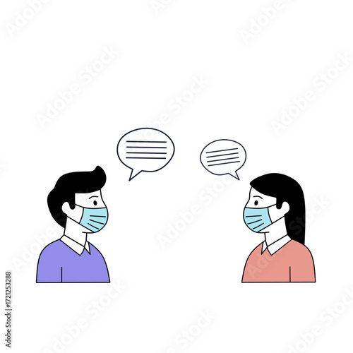 Flat illustration of two people wearing protective masks while talking. Concept of communication, safety, prevention, and healthcare during pandemic or disease outbreak