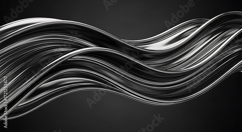 Abstract, flowing, dark metallic waves create a dynamic visual composition on a black background.