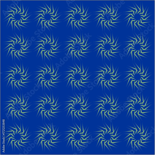 Sharp green bursts whirl across deep blue canvas, repeating patterns of motion, energy, symmetry, transformation, creating endless waves of vibrant dynamism.