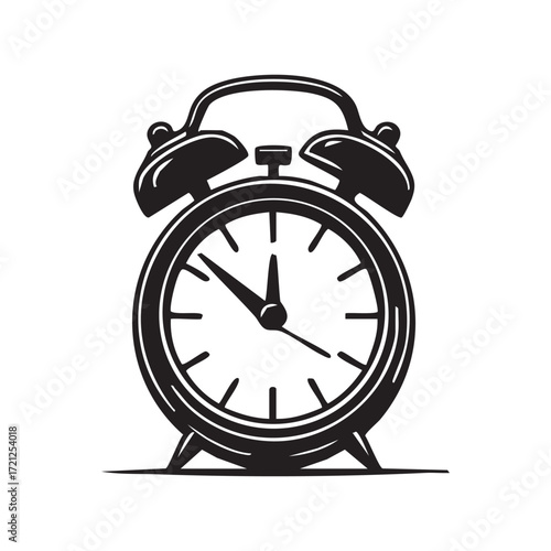 Monochromatic Alarm Clock Illustration Classic Timepiece Design Simple Black and White Vector Graphics Old Fashioned Reminder Symbol