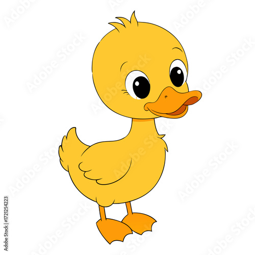 Adorable cartoon yellow duckling with big eyes and orange beak standing on black background perfect for children s illustrations