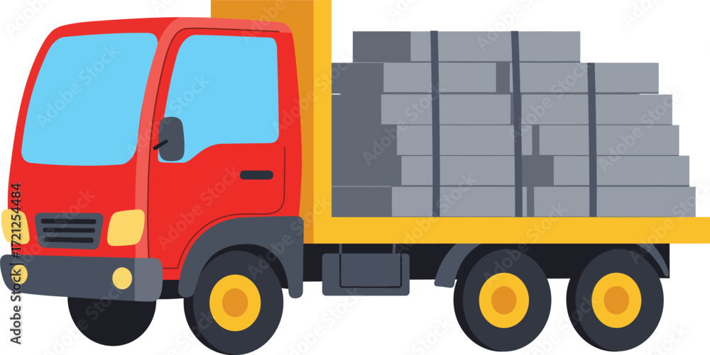 Fototapeta premium Red flatbed truck transporting gray cargo boxes and building materials for logistics and delivery services isolated on transparent background