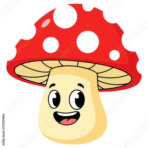 Cheerful mushroom character with a red cap and white spots.