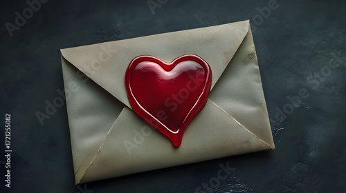 Photograph of a wax seal heart resting on a beige envelope against a dark background.
