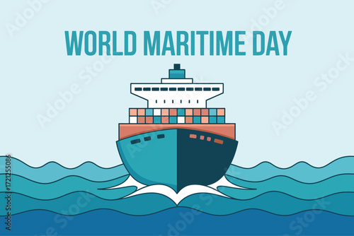 World Maritime Day with Cargo Ship Sailing on Ocean Waves Illustration