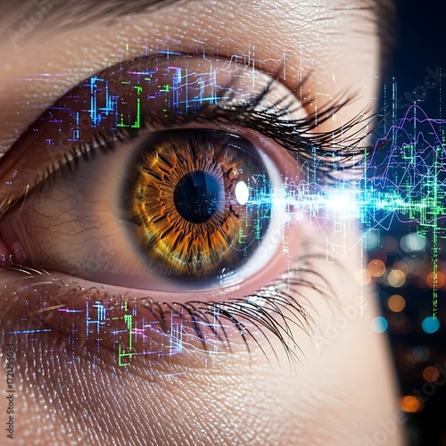 Close-up view of an eye with superimposed digital data, showcasing the concept of augmented reality or futuristic technology.