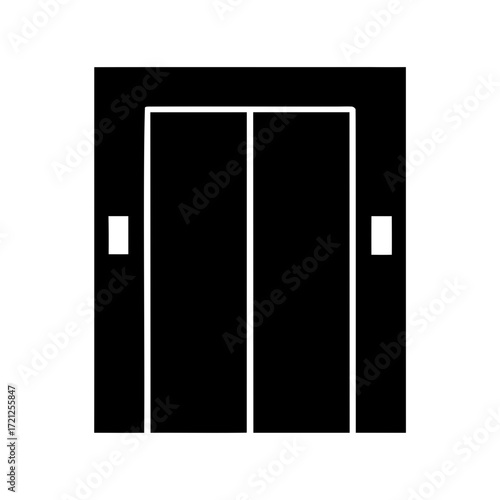 Simple black and white illustration of closed elevator doors in a lobby