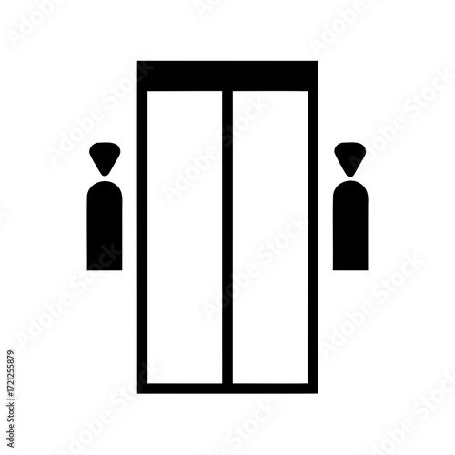 A simple icon of an elevator with two figures standing outside waiting