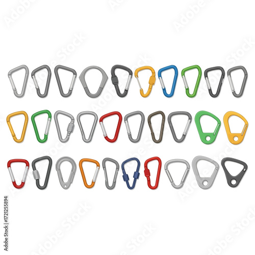 Collection of colorful climbing carabiners arranged in rows.