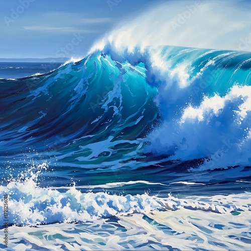 A powerful ocean wave, vibrant with blues and whites, crashes against the shore in a dynamic display of nature's energy.