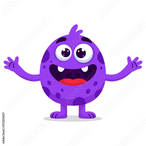Cheerful purple monster with open arms and big smile.