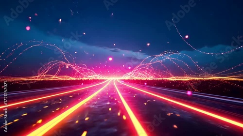 Futuristic Neon Light Trails on Highway Representing Speed and Digital Connectivity