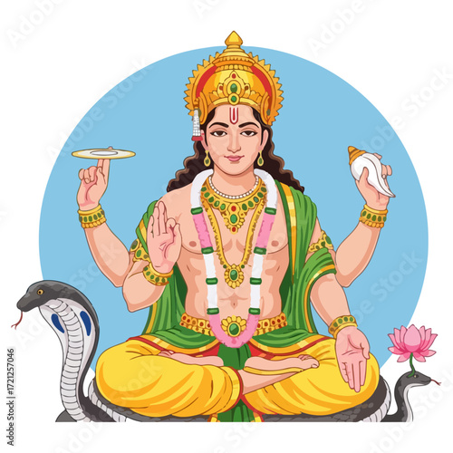 Hindu God Vishnu with Four Arms and Attributes.