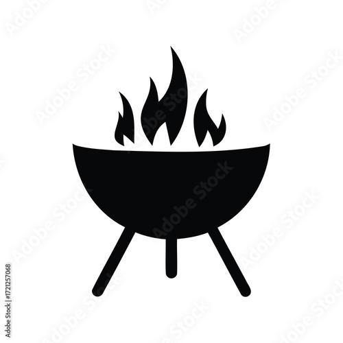 Minimalist Black and White Illustration of a Burning Grill for Outdoor Cooking