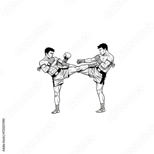 Muay Thai fighters sparring intense kickboxing match.
