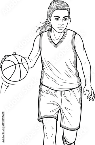 Female basketball player dribbling the ball.