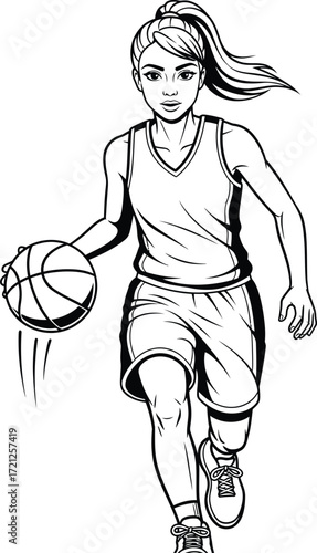 A determined female basketball player with a prosthetic leg dribbling the ball in a black and white illustration.