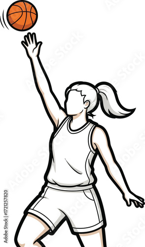 A female basketball player in action, shooting a ball high above her head.