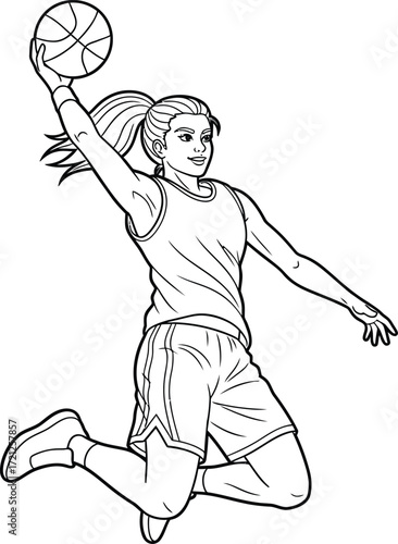 A black and white line art illustration of a female basketball player with a ponytail jumping in the air to score a basket.