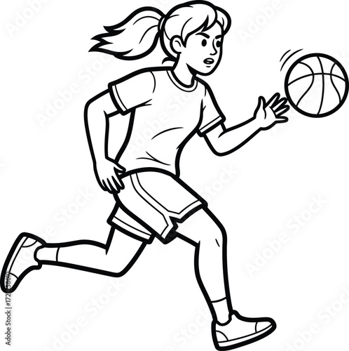Line art of a girl dribbling a basketball while running.