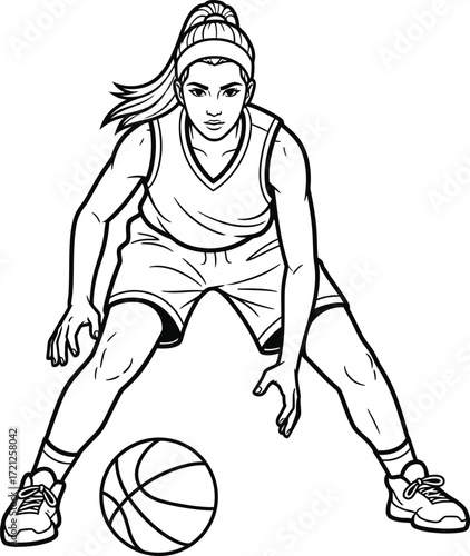 A black and white line art illustration of a female basketball player in a defensive stance with a ball.