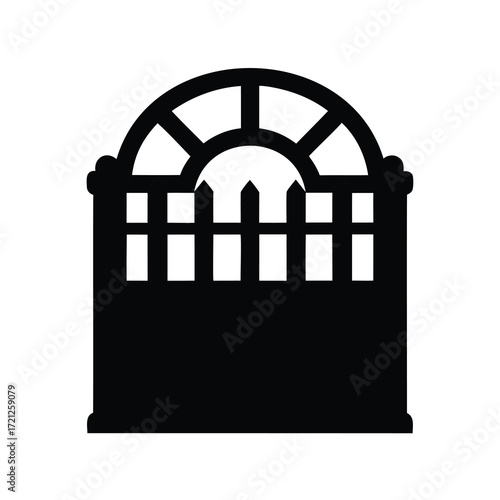 A black silhouette of an arched window with a picket fence design
