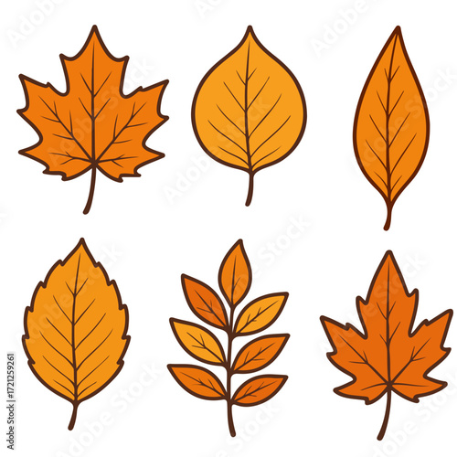Set of autumn leaves with outline, hand-drawn style